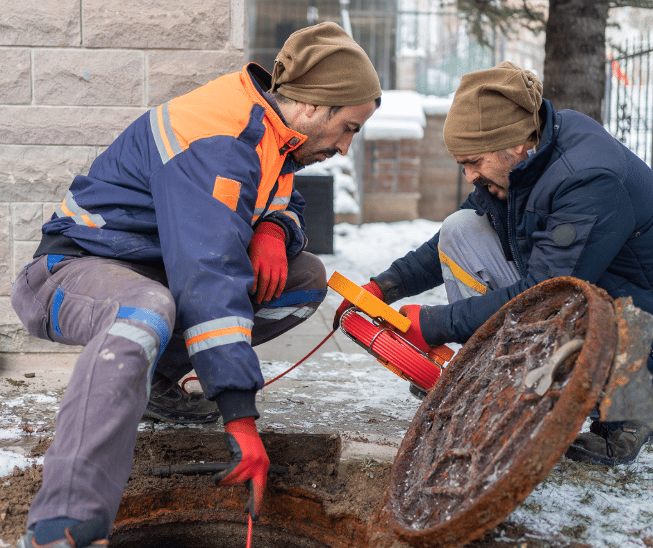 Two plumbers work on a sewer repair 